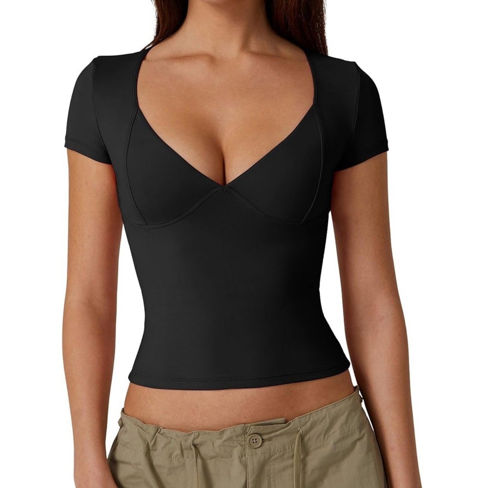 QINSEN Women's Sexy V Neck Shirt Long Sleeve Double Lined Tees Fitted‎ Sz Small